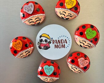 Set of six Valentine’s ladybug painted glass pebbles, kindness rocks, gifts