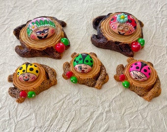 Set of Five Happy bug painted galss pebbles with tree trunks, kindness rocks, gifts