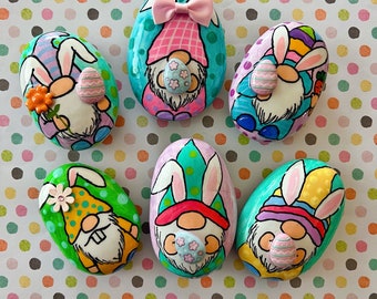 Easter gnomes with 3D eggs, hand painted rocks, stone art, gifts, perfect for Easter egg hunt