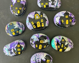 Halloween haunted house painted rocks, kindness rocks, Halloween trick or treat, small gifts