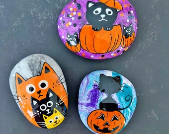 Halloween cats hand painted rocks, black cats, perfect for trick or treat