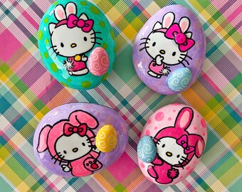 Easter Hello Kitty hand painted rocks, kindness rocks, Easter egg hunt, gifts, kindness rocks