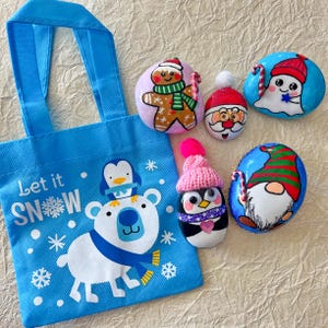 Set of five Christmas painted rocks with mini tote bag #2, stone art, Christmas gifts, holiday gifts, kindness rocks