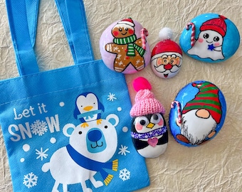Set of five Christmas painted rocks with mini tote bag #2, stone art, Christmas gifts, holiday gifts, kindness rocks