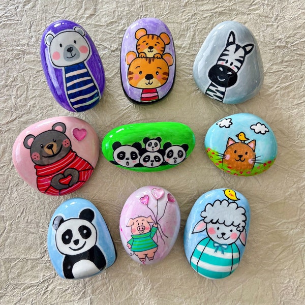 Cute little animal painted rocks, kindness rocks, stone art, gifts
