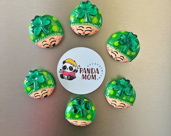 Set of six St.Patrick’s Day happy bug with 3D shamrock painted glass pebble magnets