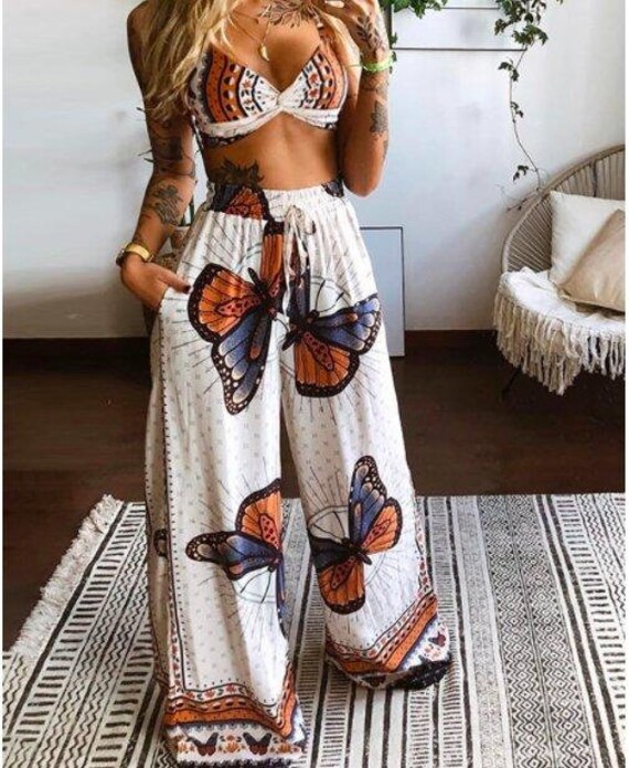 Butterfly Graphic Print Crop Top \u0026 Wide 