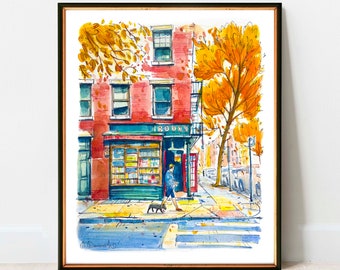 May include: Watercolor painting of a red brick building with a storefront that says "Books". A person walks a dog down the street in front of the store. The street is lined with trees with yellow leaves.