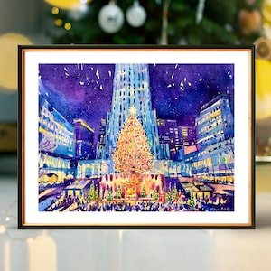 Rockefeller Center Christmas tree lights up in NYC | Watercolor Artwork Giclee Print on Premium Paper | New York Poster Decor Wall Art