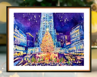 Rockefeller Center Christmas tree lights up in NYC | Watercolor Artwork Giclee Print on Premium Paper | New York Poster Decor Wall Art