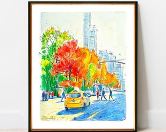 Central Park Street, New York City Print | NYC Watercolor Artwork Giclee Print on Premium Paper | New York Poster Decor Wall Art