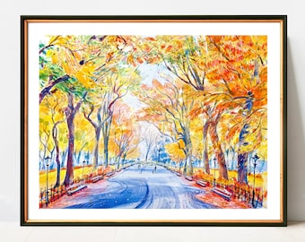 Central Park Fall Watercolor Art Print: Signed NYC Autumn Scene