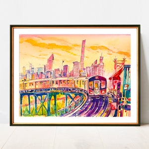 7 Line Subway train in Queens with Manhattan skyline | NYC Watercolor Artwork Giclee Print on Premium Paper | New York Poster Decor Wall Art