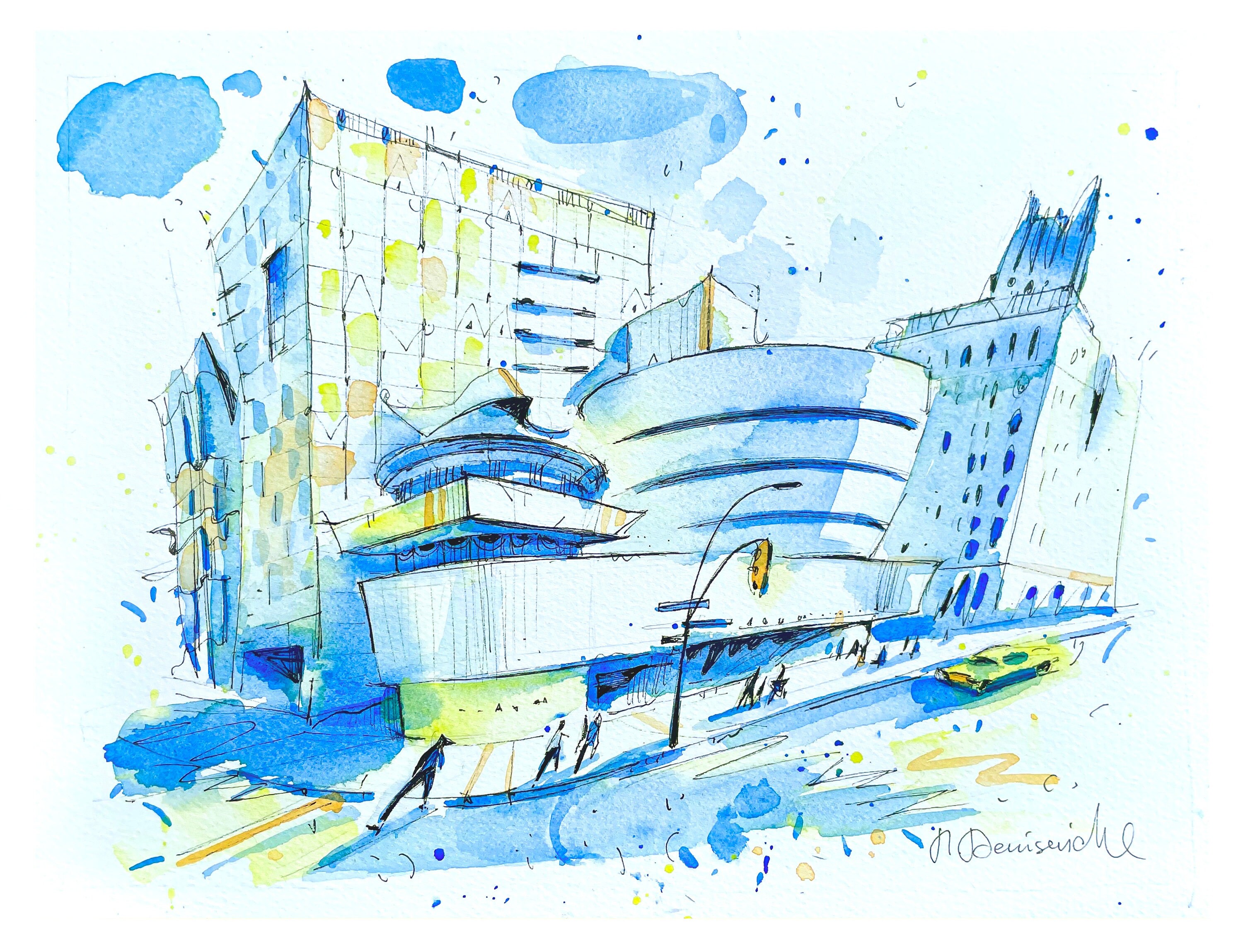 Guggenheim Museum Building Original Watercolor Painting Hand Painted Artwork Wall Art New Your City NYC Watercolour