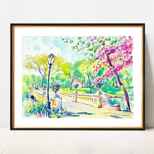 Bow Bridge in Central Park at spring sunny day | NYC Watercolor | New York Poster Decor Wall Art