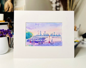 Original Watercolor "Sunset over at Battery Park City Esplanade NYC", 9x6in. | New York Original Painting Decor Wall Art