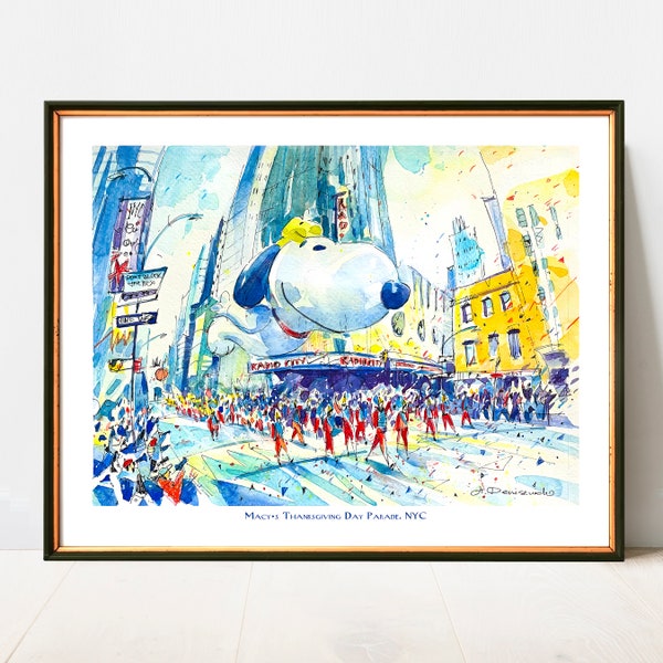 Macy's Thanksgiving Day Parade - Snoopy in NYC | NYC Watercolor Artwork Giclee Print on Premium Paper | New York Poster Decor Wall Art