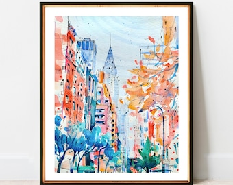 May include: Watercolor painting of a city street scene with tall buildings, including a skyscraper, and trees in the foreground. The buildings are painted in shades of pink, orange, and blue, and the trees are green. The painting has a whimsical and colorful style.