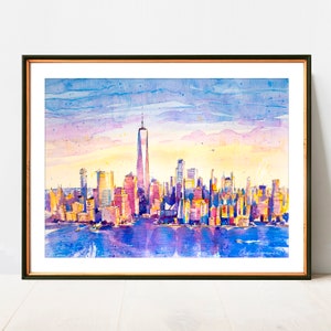 The last rays of light hit Manhattan Skyline | New York City Print | NYC Watercolor Art Giclee Print Premium Paper | NYC Large print
