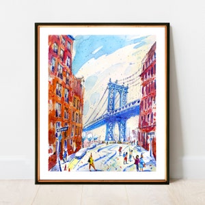 Manhattan Bridge Watercolor Print: Winter NYC Wall Art