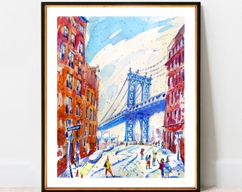May include: A watercolor painting of a blue bridge with red brick buildings on either side. The bridge is in the background and the buildings are in the foreground. There are people walking on the street below the bridge. The sky is blue and there are white clouds.