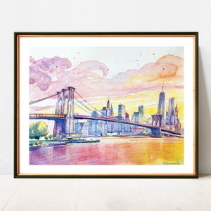 Brooklyn Bridge Sunset | NYC Watercolor | New York Poster Decor Wall Art