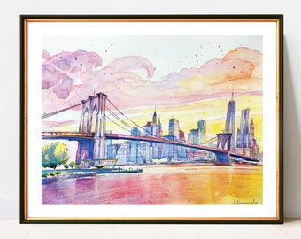 Brooklyn Bridge Sunset Watercolor Print | NYC Skyline Wall Art | New York City Landscape Painting