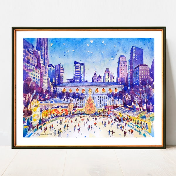 Christmas at the Bryant Park | NYC Watercolor Artwork Giclee Print on Premium Paper | New York Poster Decor Wall Art