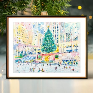 Christmas at the Rockefeller Center Ice Rink | NYC Watercolor Artwork Giclee Print on Premium Paper | New York Large Print