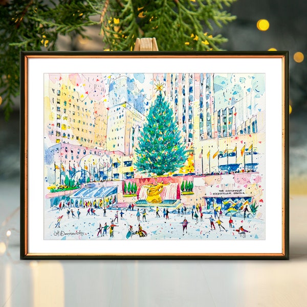 Christmas at the Rockefeller Center Ice Rink | NYC Watercolor Artwork Giclee Print on Premium Paper | New York Large Print
