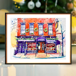 Pete’s Tavern in Holiday Glow | NYC Watercolor Artwork Giclee Print Premium Paper | New York Poster Decor Wall Art