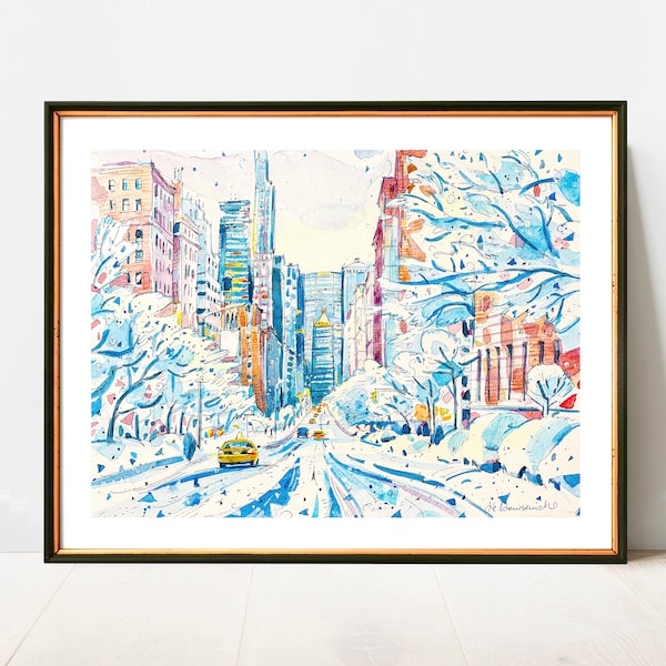 Park Avenue in Winter | NYC Watercolor Artwork Giclee Print on Premium Paper | New York Poster Decor Wall Art from Original