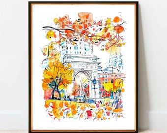 Puede incluir: Pintura acuarela del Arco de Washington Square en la ciudad de Nueva York con follaje de otoño en el fondo. El arco está pintado en tonos de blanco y gris, con un cielo azul visible a través del arco. El follaje está pintado en tonos de amarillo, naranja y rojo.