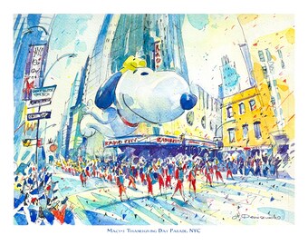 Snoopy Macy's Parade Watercolor Art Print: NYC Thanksgiving Decor