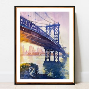 Manhattan Bridge in the glow of a sunset | NYC Watercolor Artwork Giclee Print on Premium Paper | New York Poster