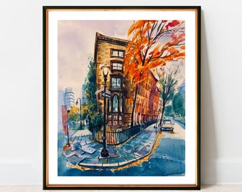 May include: Watercolor painting of a street scene with a brick building, a street lamp, and a tree with orange leaves. The building has a sign that reads "414".