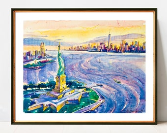 The iconic Statue of Liberty in the heart of NYC |  NYC Watercolor Artwork Giclee Print on Premium Paper | New York Poster Decor Wall Art
