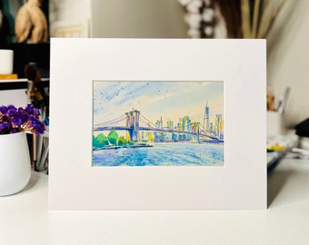 Original Watercolor "Brooklyn Bridge and Manhattan Skyline - Dumbo view NYC", 9x6in. | New York Original Painting Decor Wall Art
