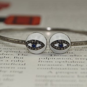 Evil Eye 1.40ctw rose cut diamond Pave Diamond Sapphire 925 Sterling silver White Enamel Work Bangle Bracelet Special Gift For Your Love