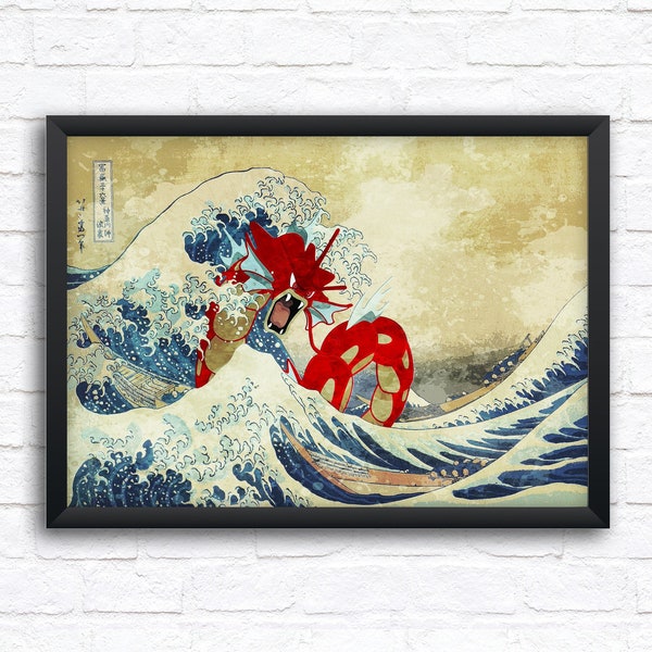 La grande vague et gyarados rouges - paysage numérique aquarelle Pokémon - affiche d'art mural - A5/A4/A3/A2