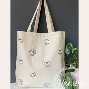 Smile More Canvas Tote Bag, Ästhetische Einkaufstasche, Süße Einkaufstasche, trendige Einkaufstasche, Geschenk für Sie, Positive Zitate, Weihnachtsgeschenkideen