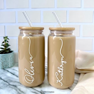 16oz Personalized Can Glass with Bamboo Lid and Bend Straw, Iced Coffee Glass Cup with Lid, Vinyl Glass Cup with Straw, Beer Can Glass, 16oz