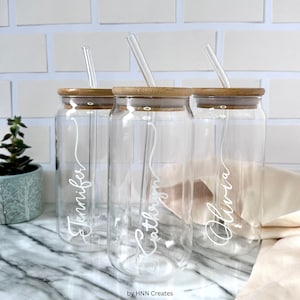 16oz Personalized Can Glass with Bamboo Lid and Bend Straw, Iced Coffee Glass Cup with Lid, Vinyl Glass Cup with Straw, Beer Can Glass, 16oz