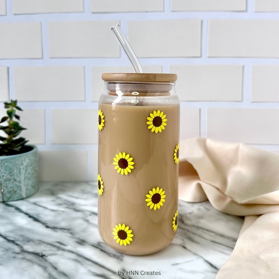 Sunflower Can Glass Cup Wit Bamboo Lid and Bent Glass Straw,iced Coffee  Glass Cup With Lid, Vinyl Glass Cup With Straw, Beer Can Glass, 16oz 