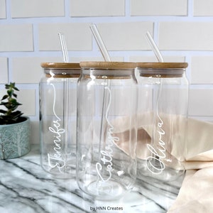 16oz Personalized Can Glass with Bamboo Lid and Bend Straw, Iced Coffee Glass Cup with Lid, Vinyl Glass Cup with Straw, Beer Can Glass, 16oz