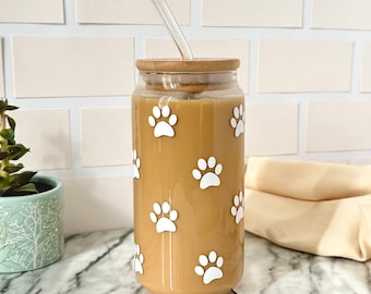 A mãe do cachorro pode vidro com tampa de bambu e canudo dobrado, copo de vidro de café gelado, presente para amante de cachorro, presente para ela, copo de vidro para mãe de cachorro, 16 onças