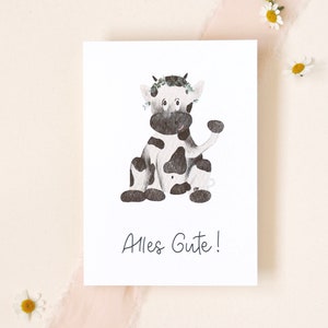 Geburtstagskarte für Kinder | Kuh Geburtstagskarte | Tierkarte | Karte mit Tier | Aquarelloptik | Postkarte zum Geburtstag