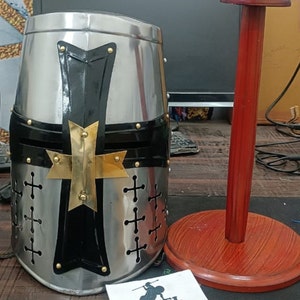 Medieval Knight Templar Helmet with Stand ~ Crusader Armor Suit Larp Helmet With leather liner ~ gift items