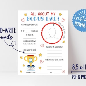Alles über meinen Bonus Dad zum ausdrucken, Bonus Dad Digitale Geburtstagsgeschenke, Füllen Sie die leere Vatertagskarte von Kindern aus, Vater Fragebogen, PR009a