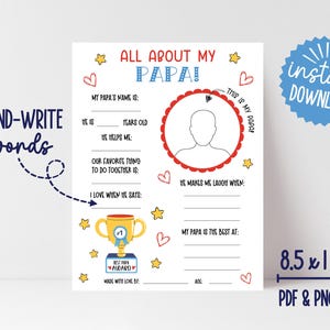All About My Papa Printable, Fill In The Blank Fathers Day Card From Grandkids, Grandpa Digital Birthday Gift, Papa Digital Download, PR010a